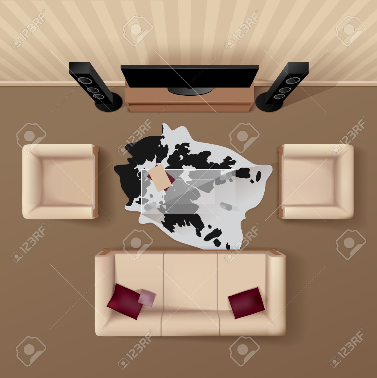 Woonkamer met koeienhuid kleed onder de glazen tafel coach en ...