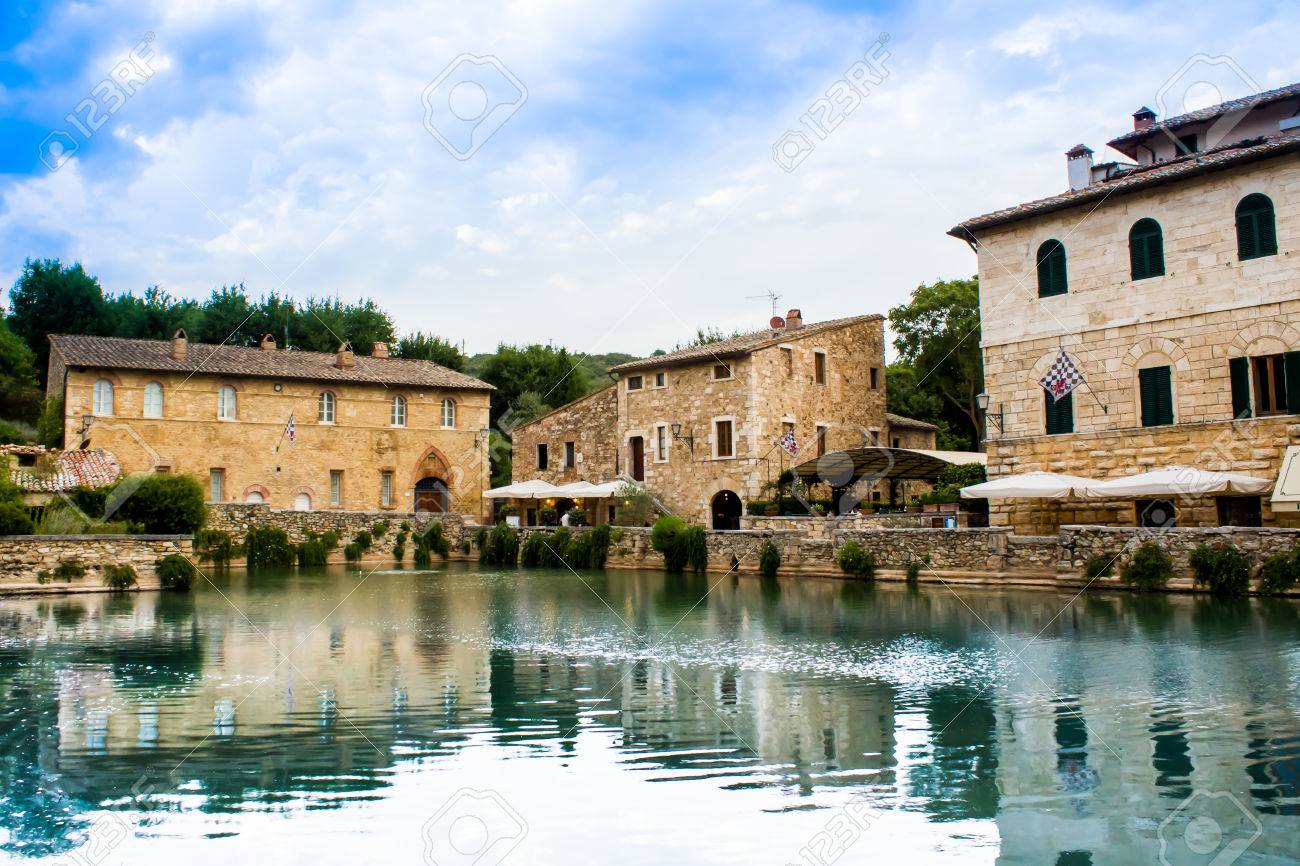 stock photo the square of sources in bagno vignoni a rectangular tank of 16th century origin which contains the original source of water that comes