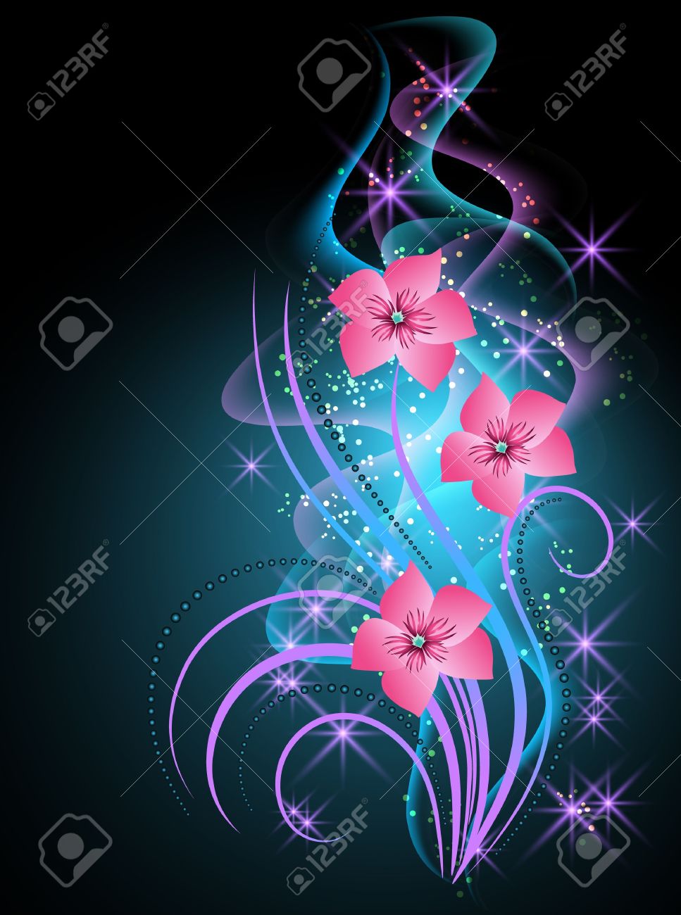 Foto de archivo , De fondo que brilla intensamente con el humo y las flores transparentes