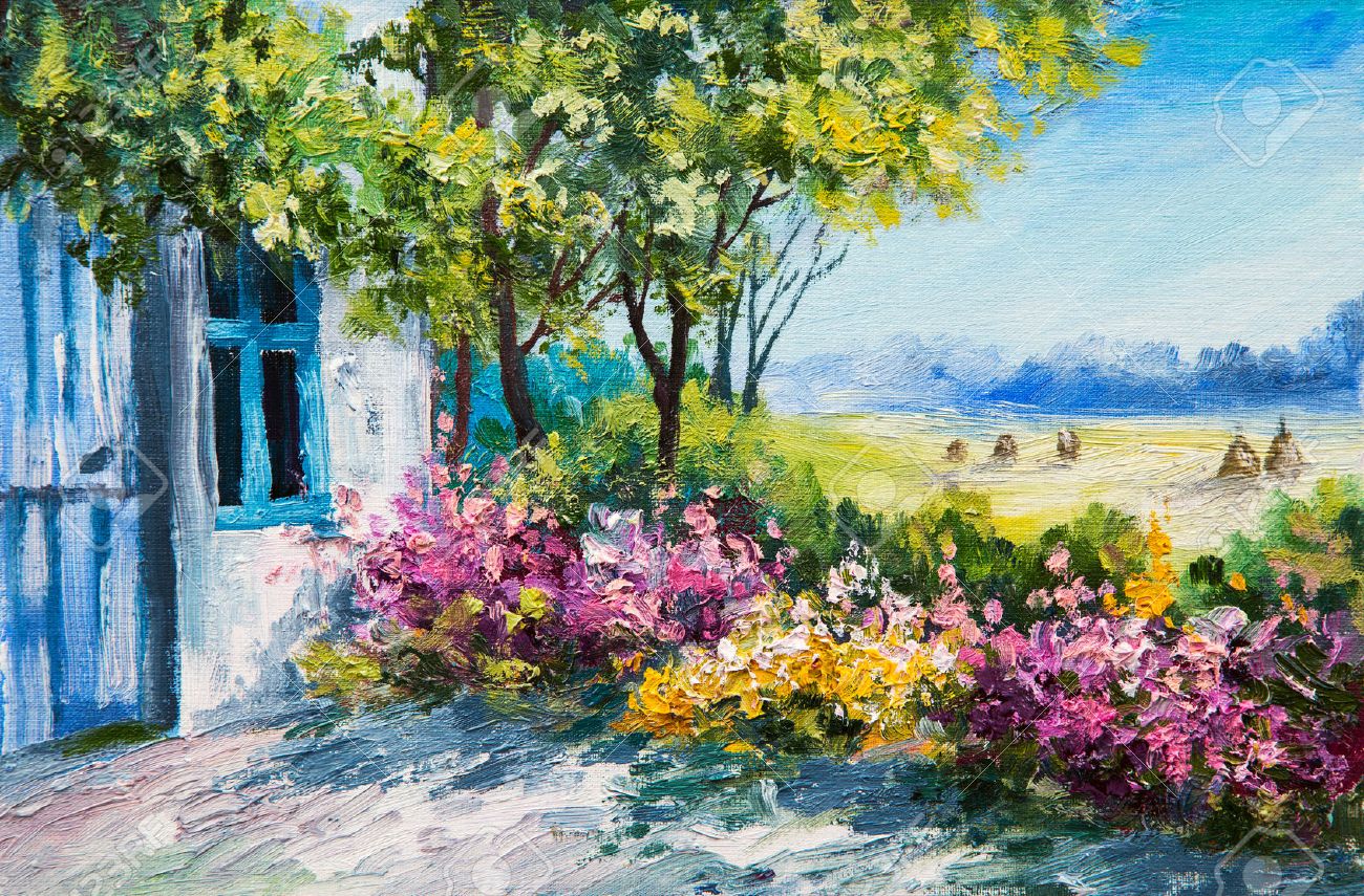 Pittura a olio di paesaggio giardino vicino alla casa, fiori ...