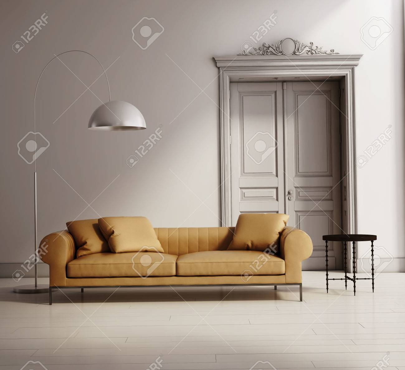 Zeitgenössische klassischen wohnzimmer, beige ledersofa, holzboden ...