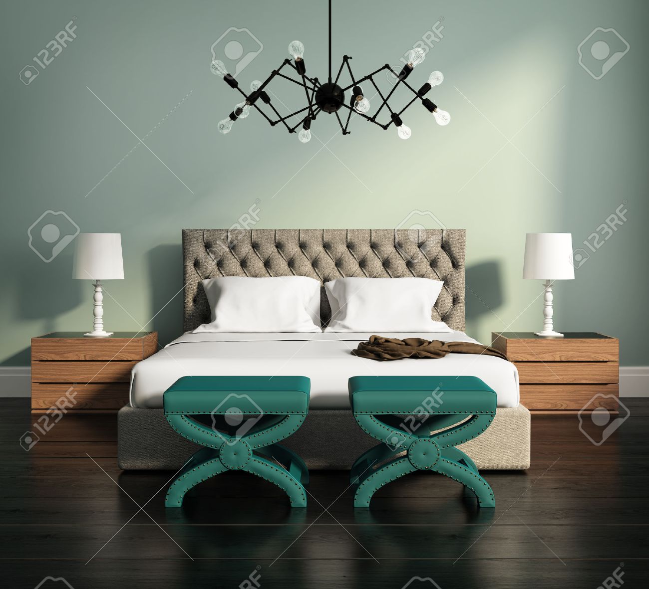 Elegante camera da letto di lusso verde moderno con sgabelli e ...