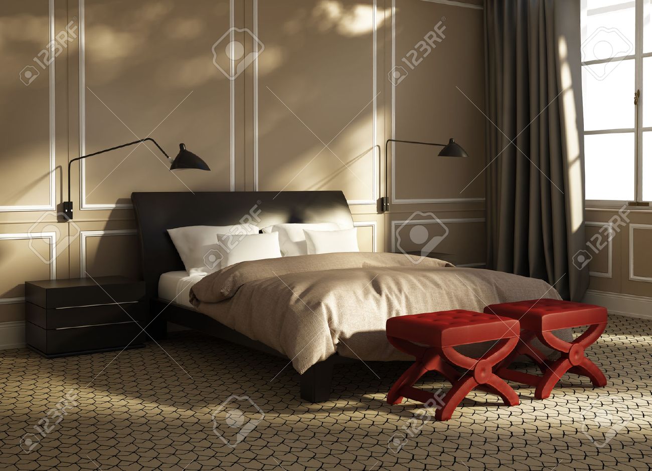 Moderne elegante grã¼ne luxus schlafzimmer mit roten hocker und lederbett lizenzfreie bilder 27207285