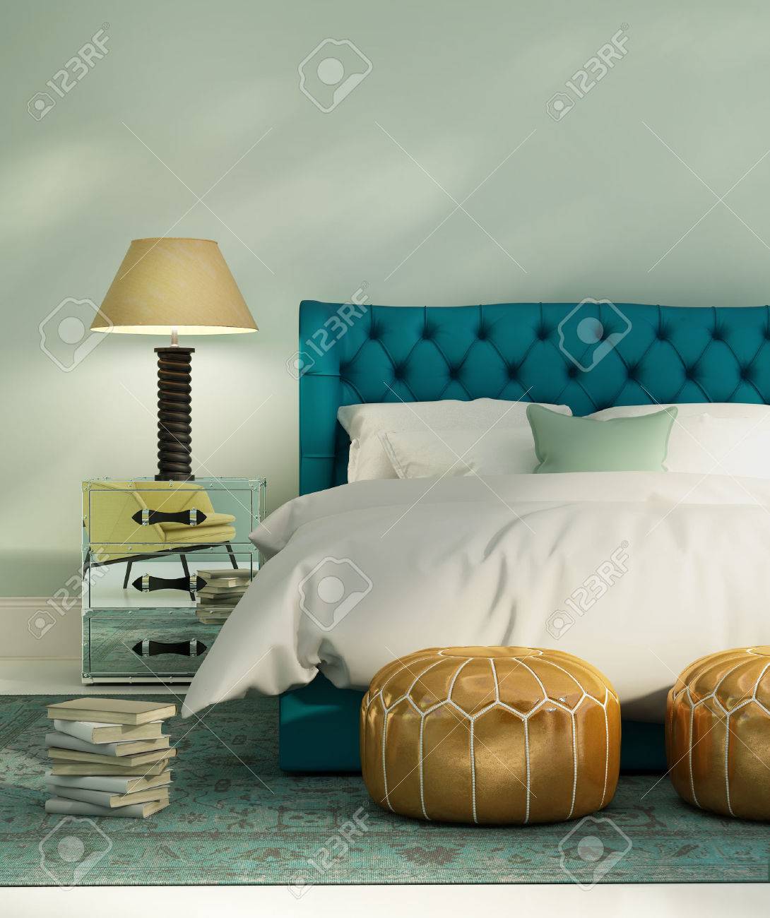 Camera da letto contemporanea di lusso verde con letto in pelle e ...