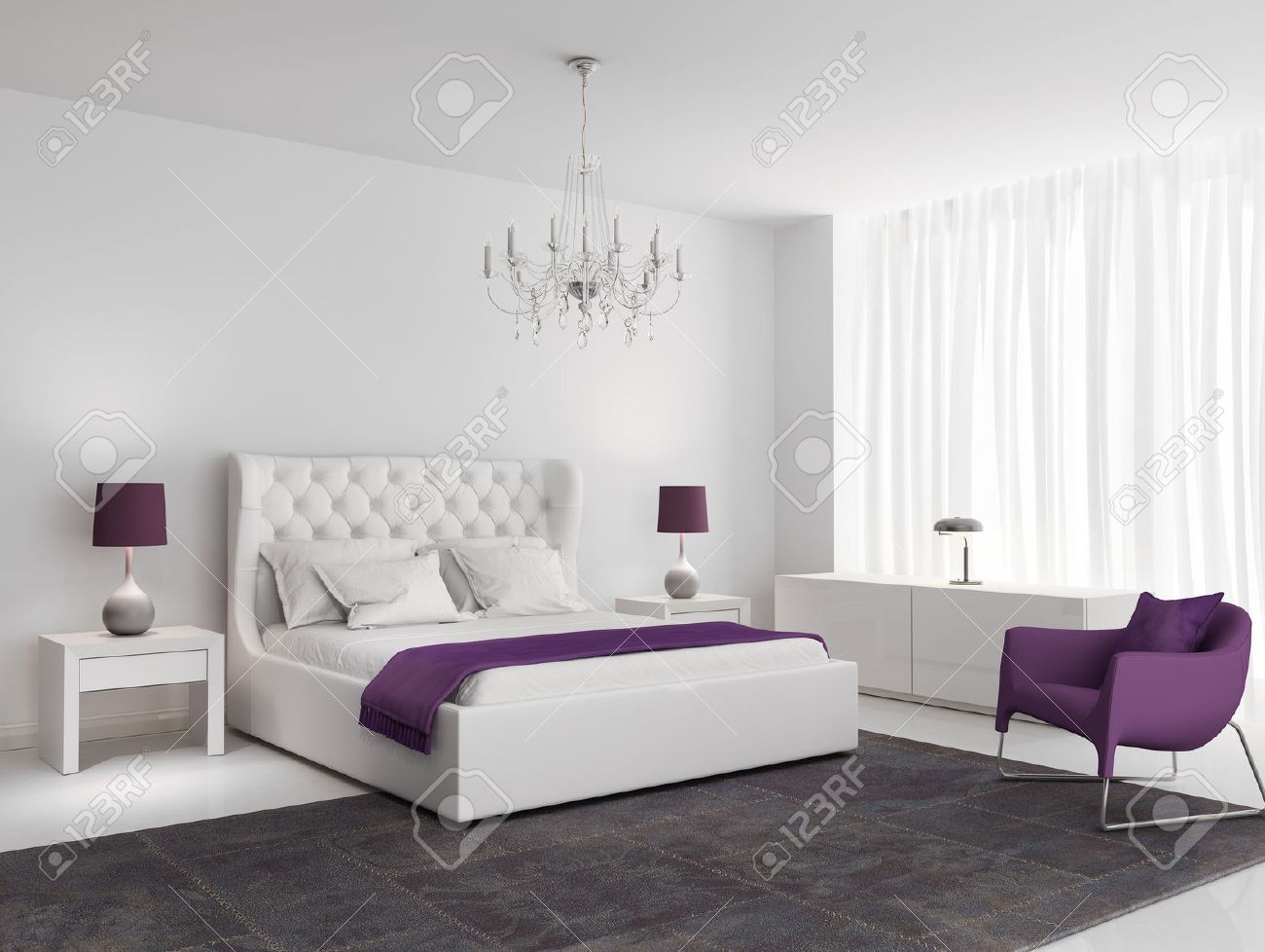 Blanc chambre de luxe avec fauteuil pourpre et tapis banque d ...