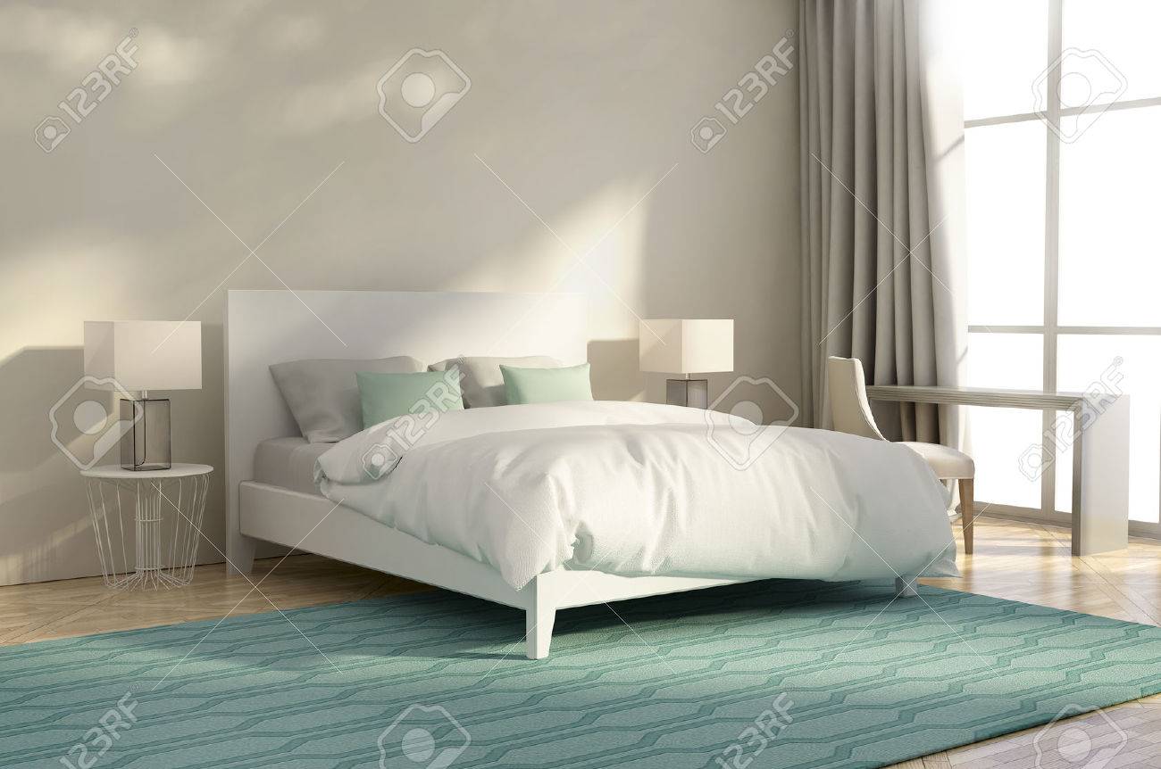 Bianco e verde camera da letto di lusso con poltrona e tappeto ...
