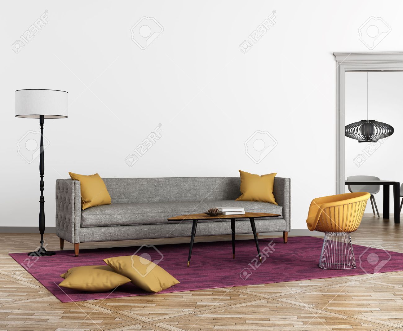 Intérieur moderne de style scandinave avec un canapé gris et un ...