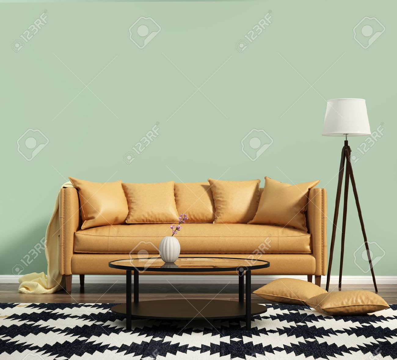 Woonkamer met een leren bank met groene muur royalty vrije foto ...