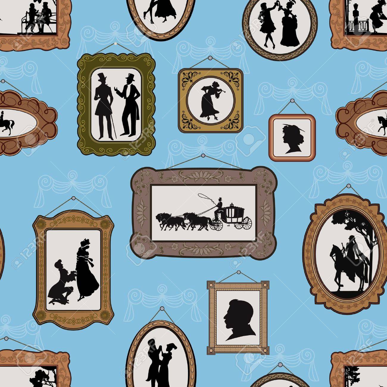 vector background with pictures in vintage silhouette design in antique frames hanging on the wall