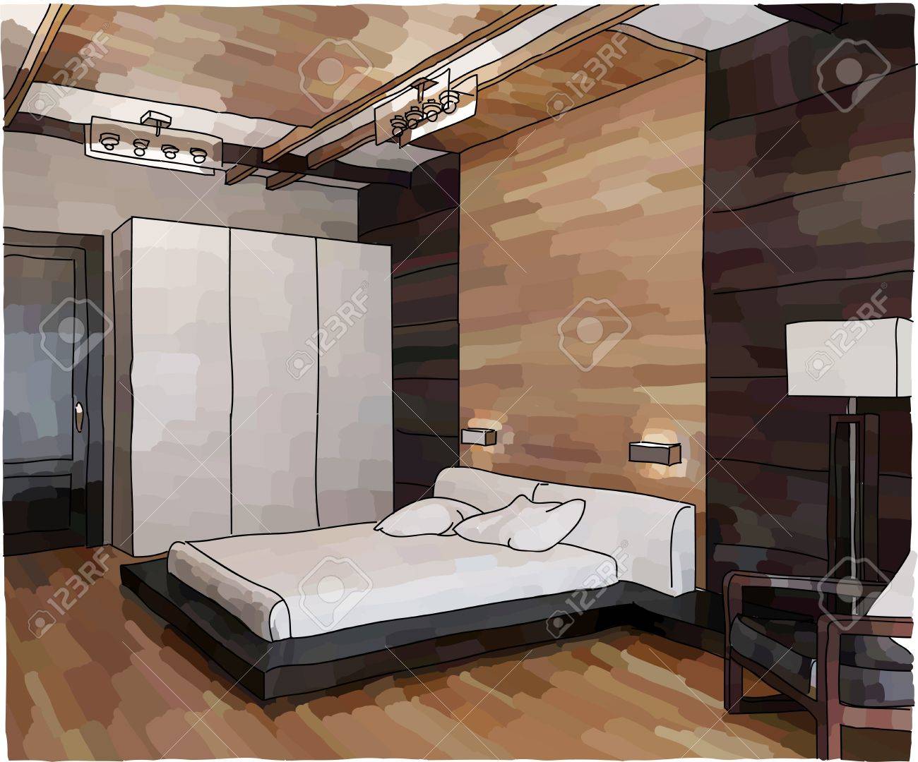 Vector illustratie van de moderne slaapkamer interieur, doodle ...