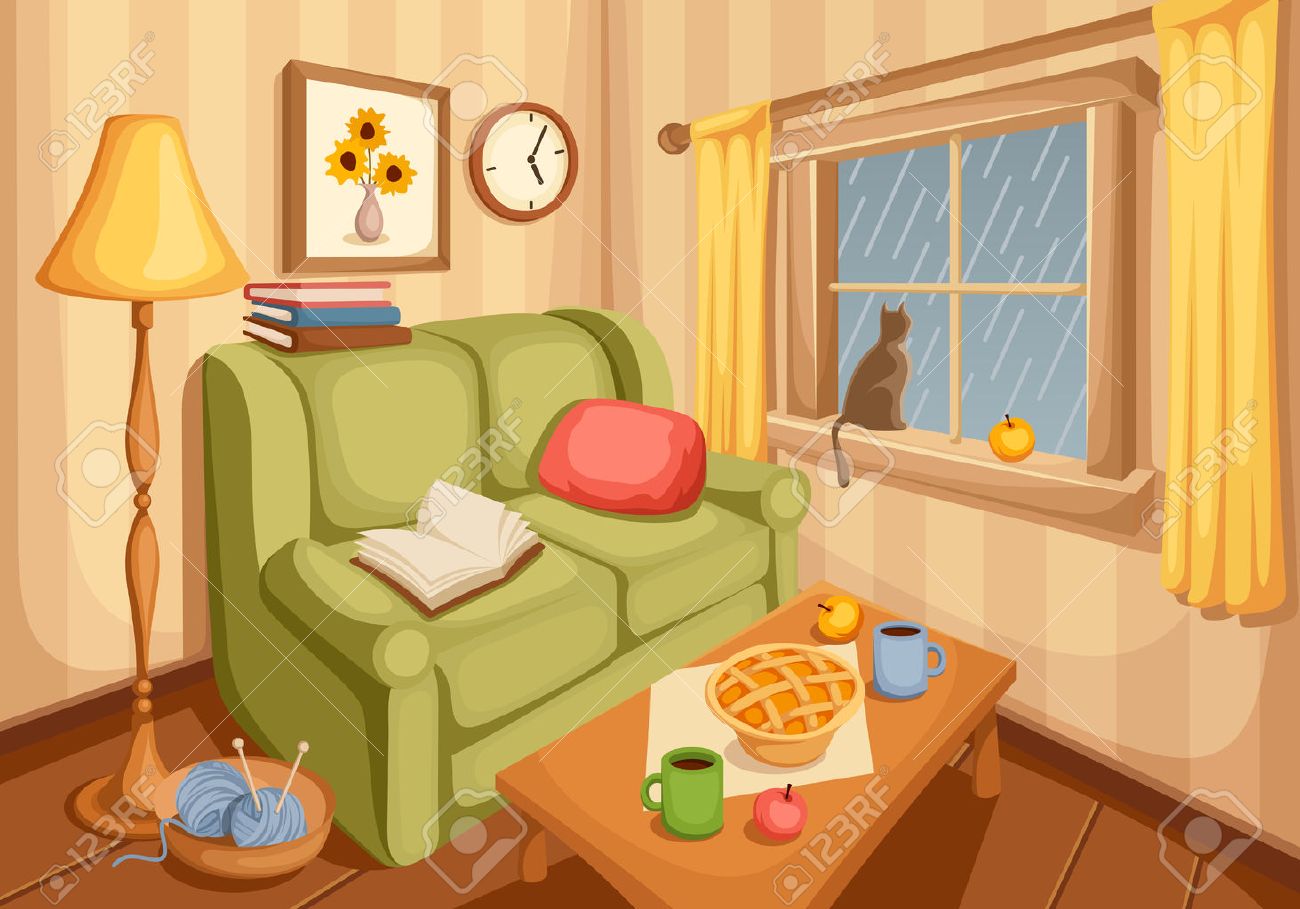 Vector illustratie van de herfst gezellige woonkamer met regen ...