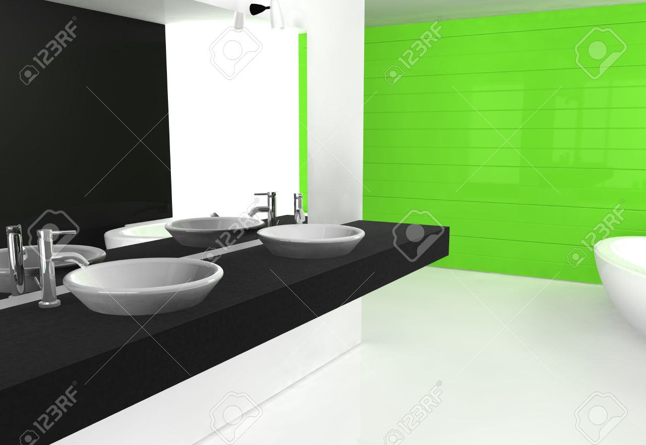 Modernt lyxigt badrum med modern design och möbler, färgad i svart ...
