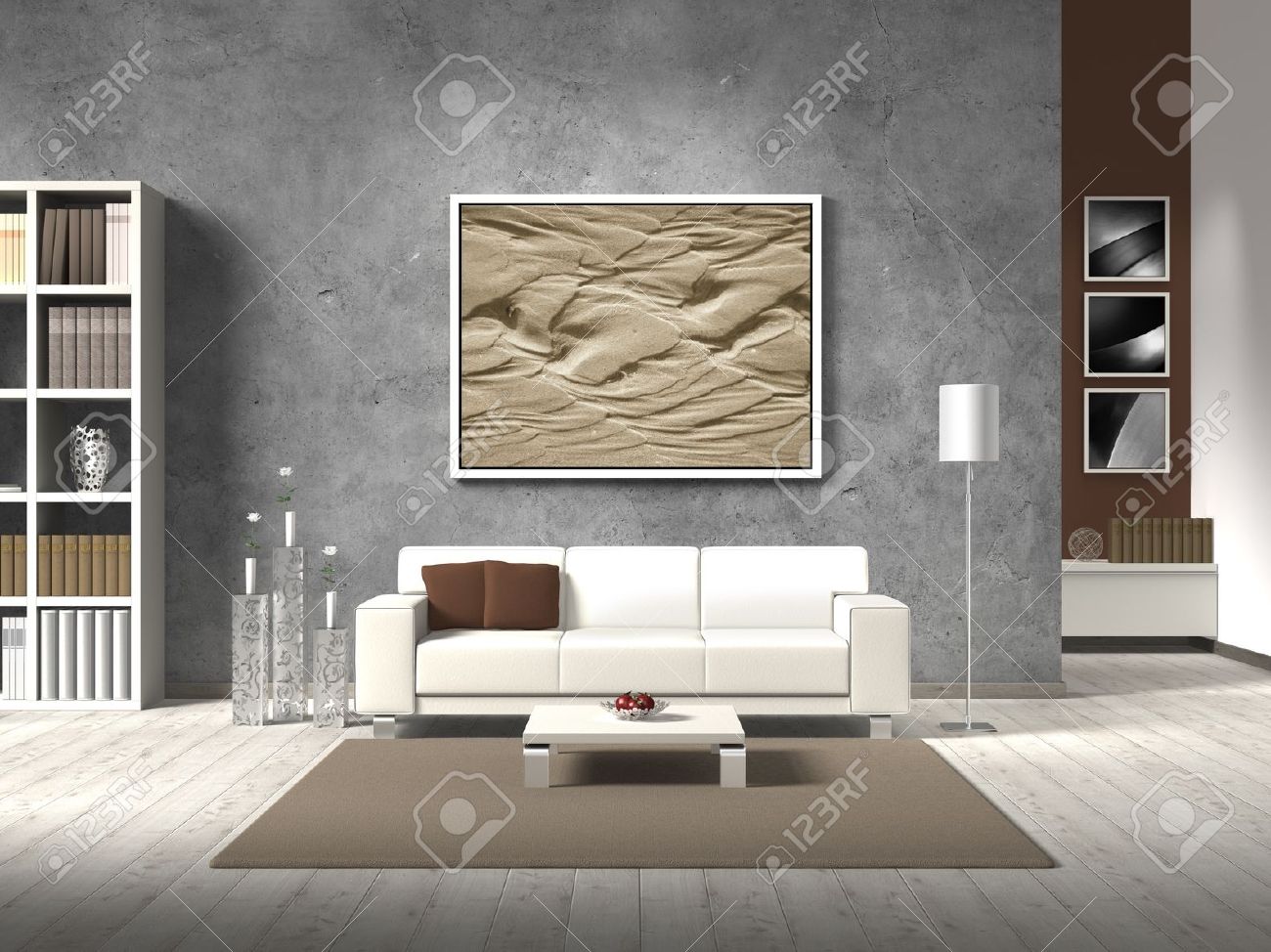Moderne fictieve woonkamer met witte bank en kopie ruimte voor uw ...