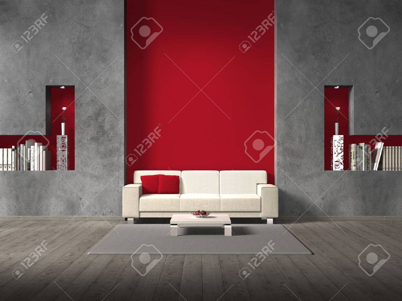 Fictieve moderne woonkamer met een bank en copyspace voor uw eigen ...