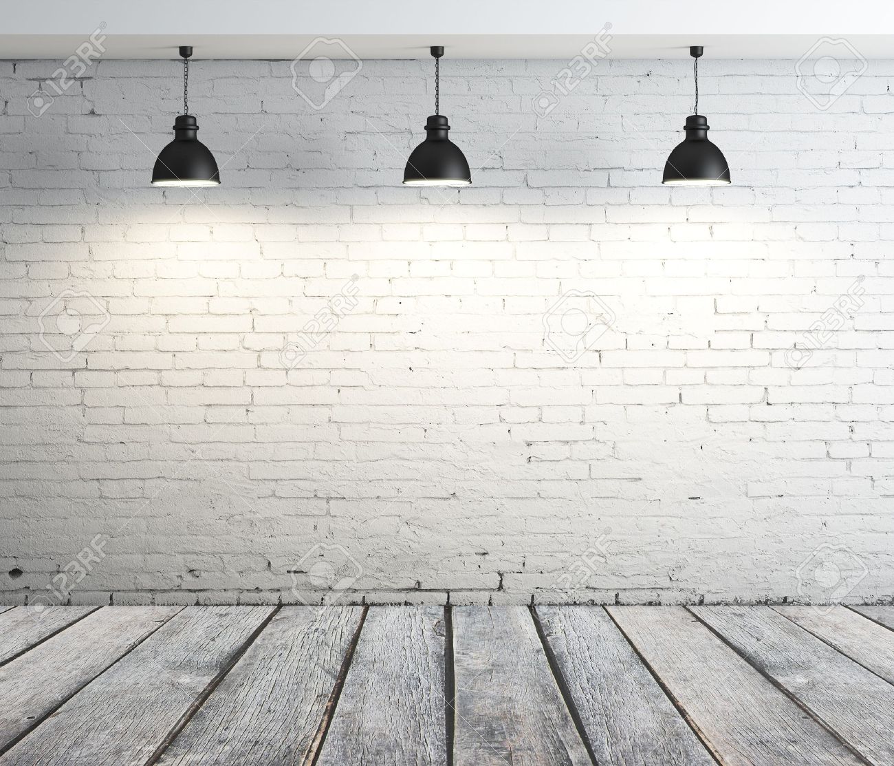 Stanza di cemento con tre lampade da soffitto foto royalty free ...