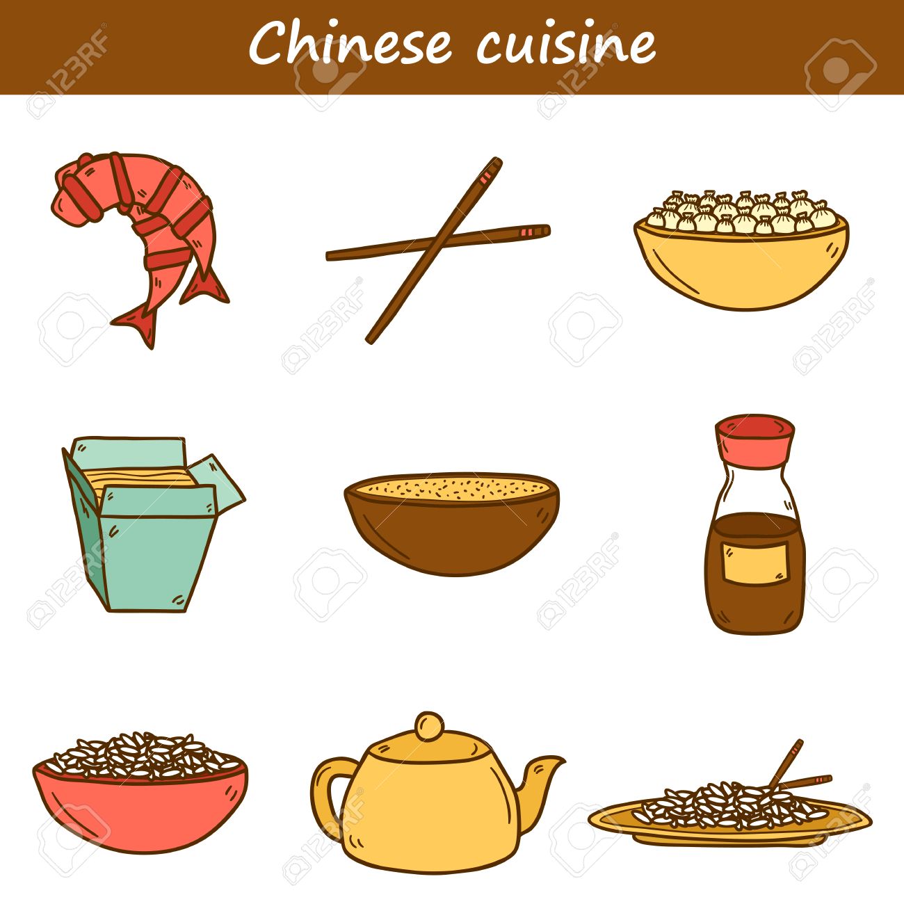 Set nette moderne handgezeichnete cartoon symbole auf chinesischen essen thema reis teekanne