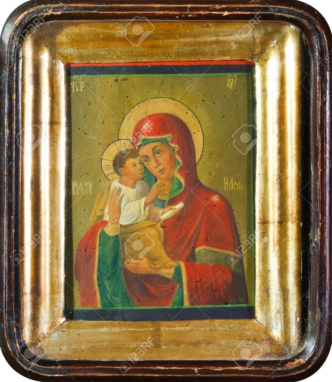 Antica icona slava della vergine maria in una cornice in legno ...
