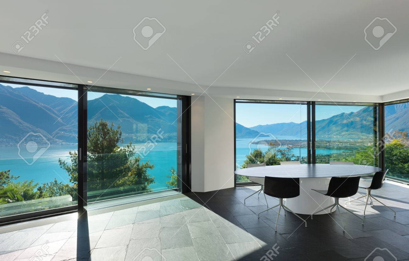 Interior Of Modern House, Wide Dining oom With Glass Walls Stock ... Interior Of Modern House, Wide Dining oom With Glass Walls Stock ... - ^