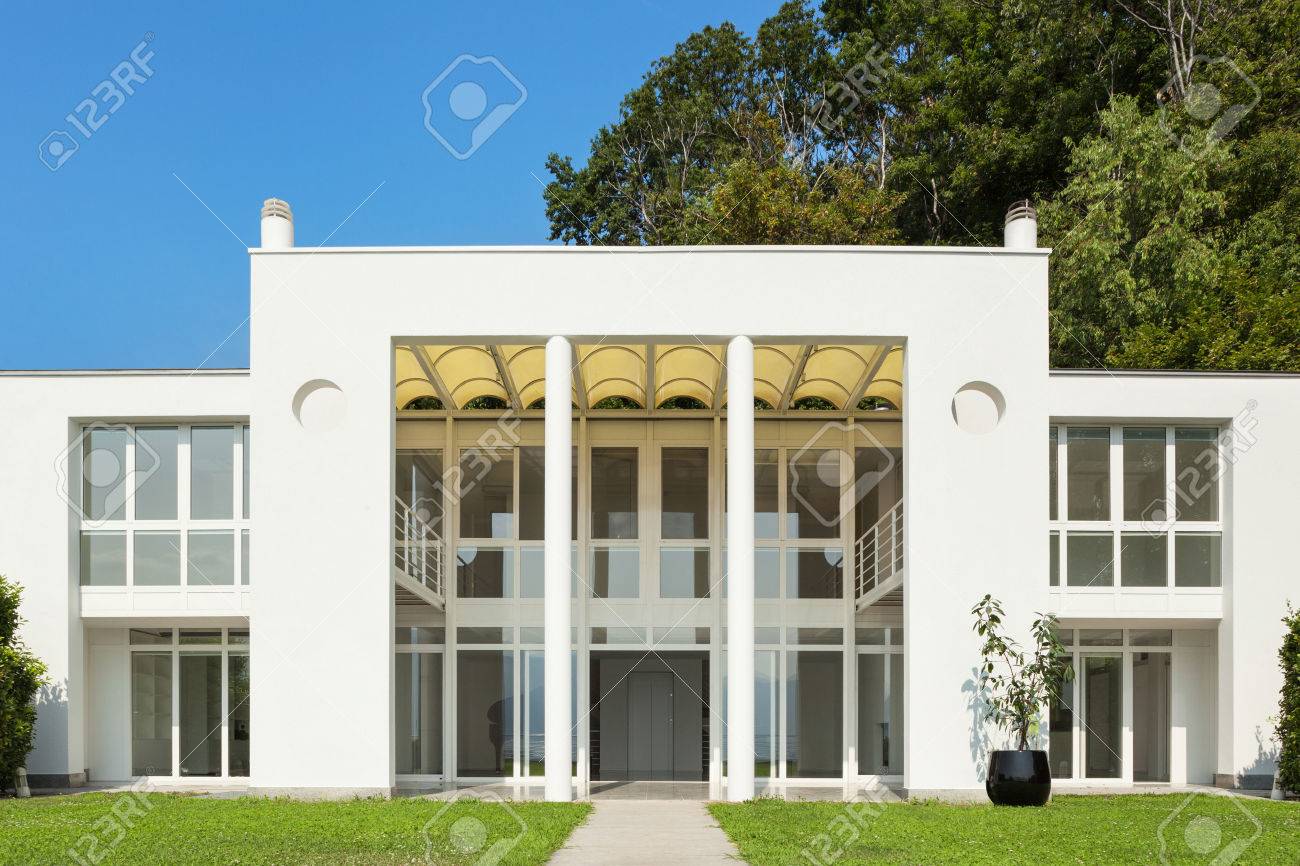 Architettura, bianco villa moderna, vista dal giardino foto ... Giardino Villa disegno