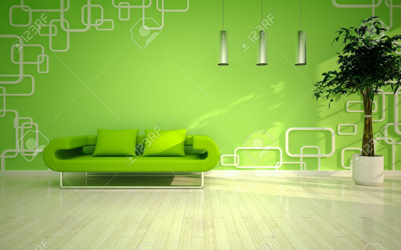 Moderne woonkamer met groene bank royalty vrije foto, plaatjes ...