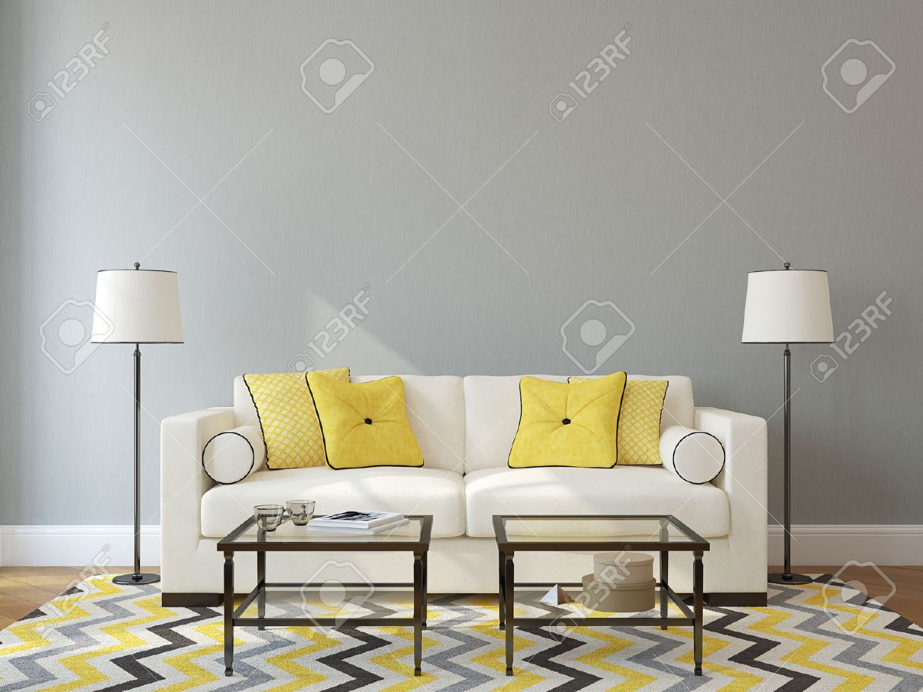 Intérieur moderne salon avec canapé blanc presque vide mur gris ...