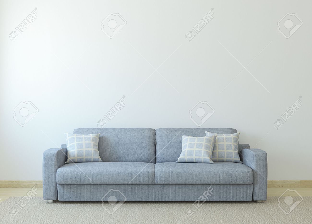Moderne woonkamer interieur met grijze bank in de buurt van lege ...