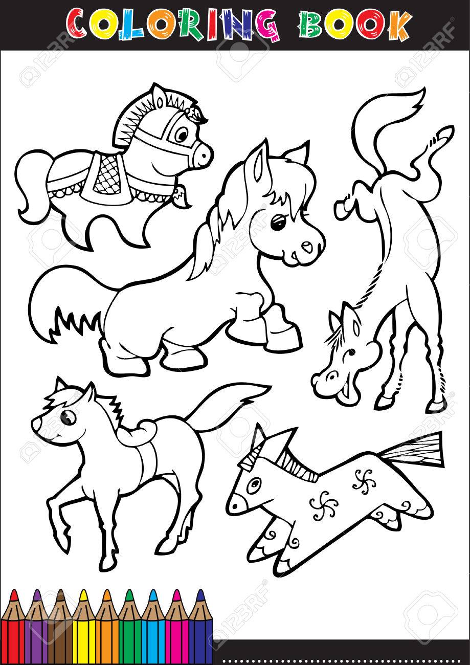Livres Colorier Ou Coloriage Illustration De Bande Dessinée D un Banque d images livres colorier ou coloriage illustration de bande dessinée d un cheval noir et blanc