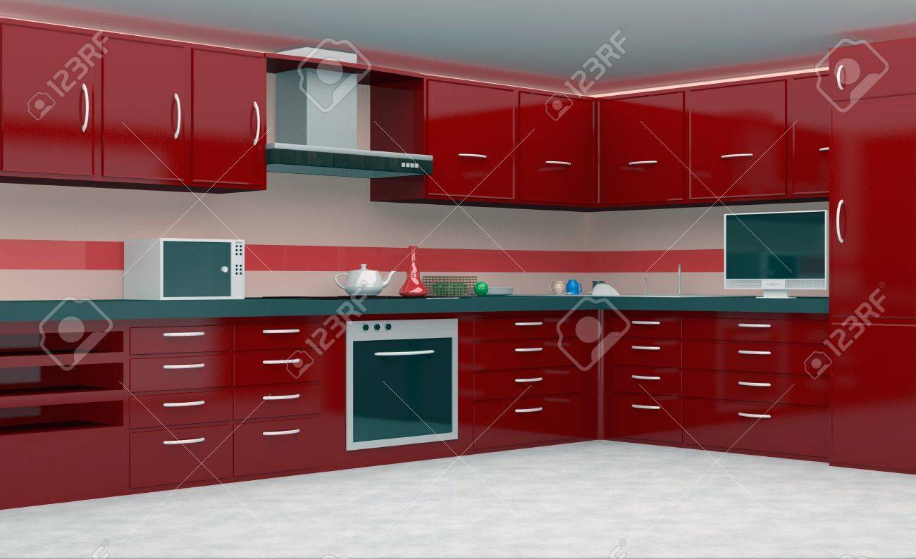 Moderne keuken in rode kleur royalty vrije foto, plaatjes, beelden ...