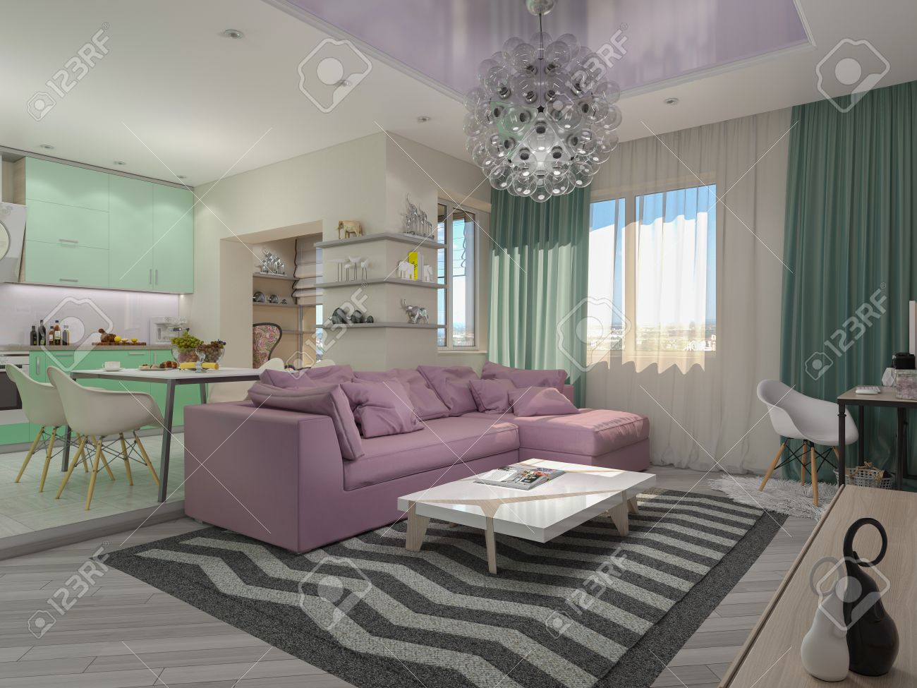 3d afbeelding van kleine appartementen in pastel kleuren. groene ...