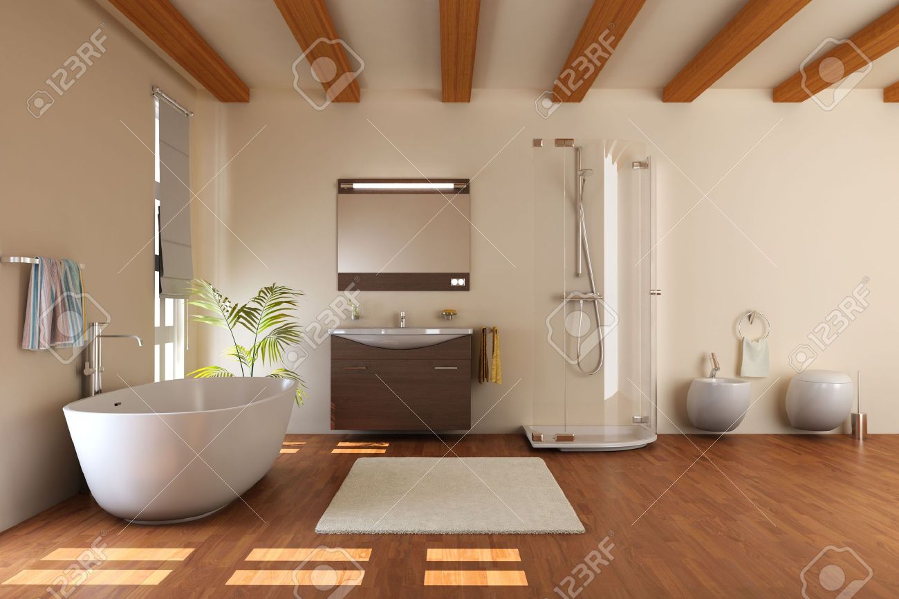Rendu moderne salle de bains avec baignoire et toilet.3d banque d ...