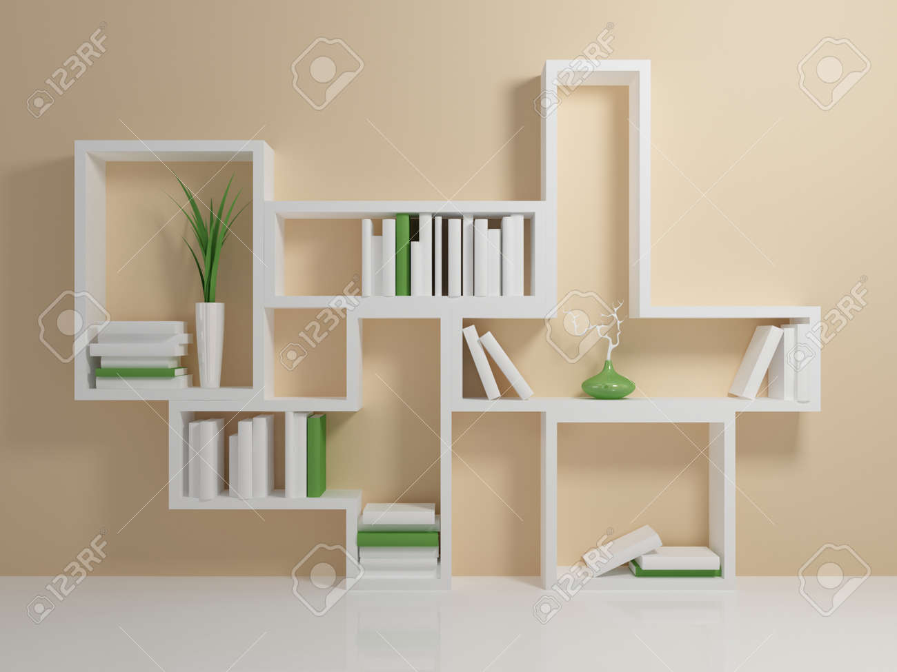 Witte boekenkast met een witte en groene boeken tegen beige muur ... Grijs beige muur