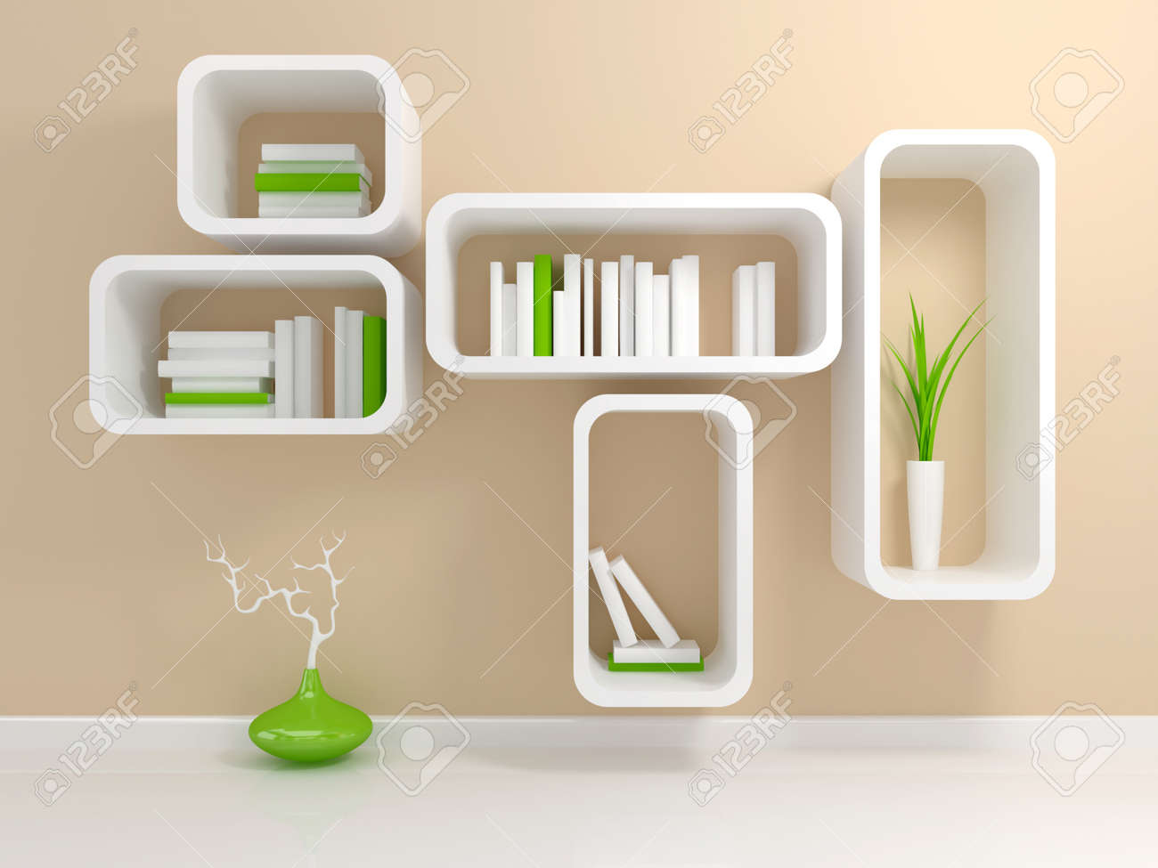 Moderna libreria bianca con un paio di libri bianchi e verdi ...