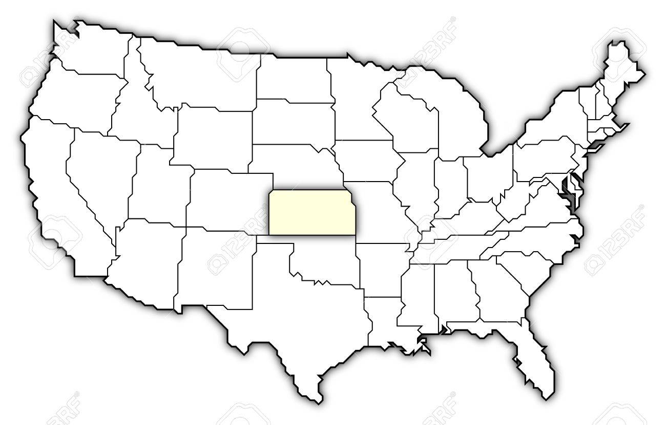 Map United States With Kansas Stock Photo - Political map of United States with the several states where Kansas is highlighted.