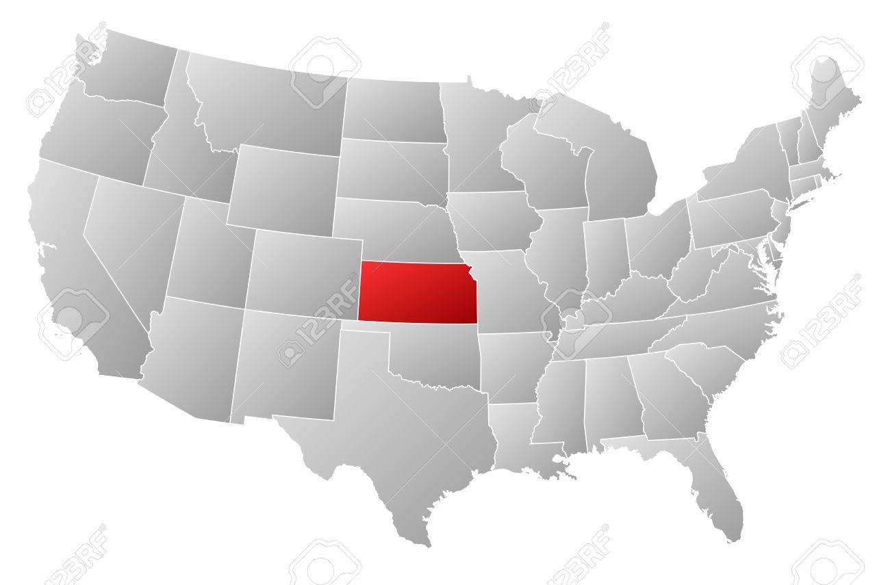Map United States With Kansas Vector - Political map of United States with the several states where Kansas is highlighted.