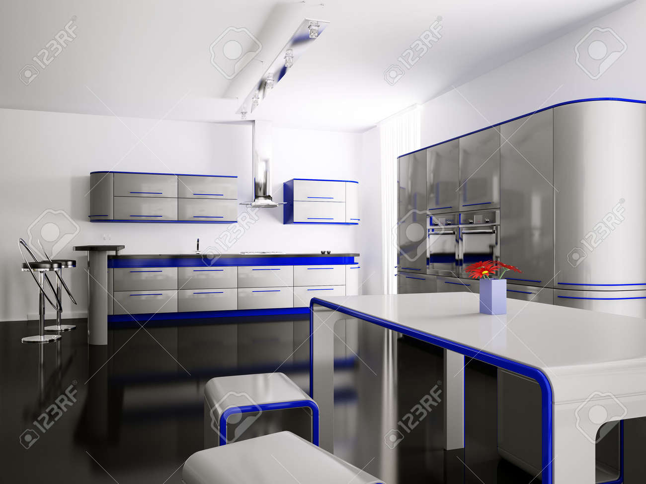 Intérieur de gris bleu cuisine moderne avec bar table et tabourets ...
