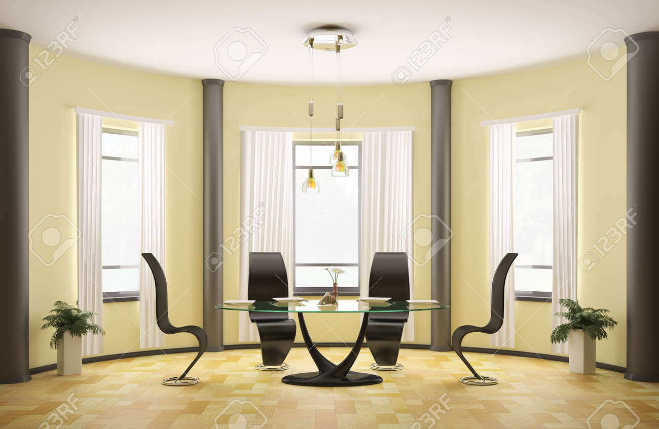 Moderne salle à manger ronde avec verre table et quatre chaises 3d ...