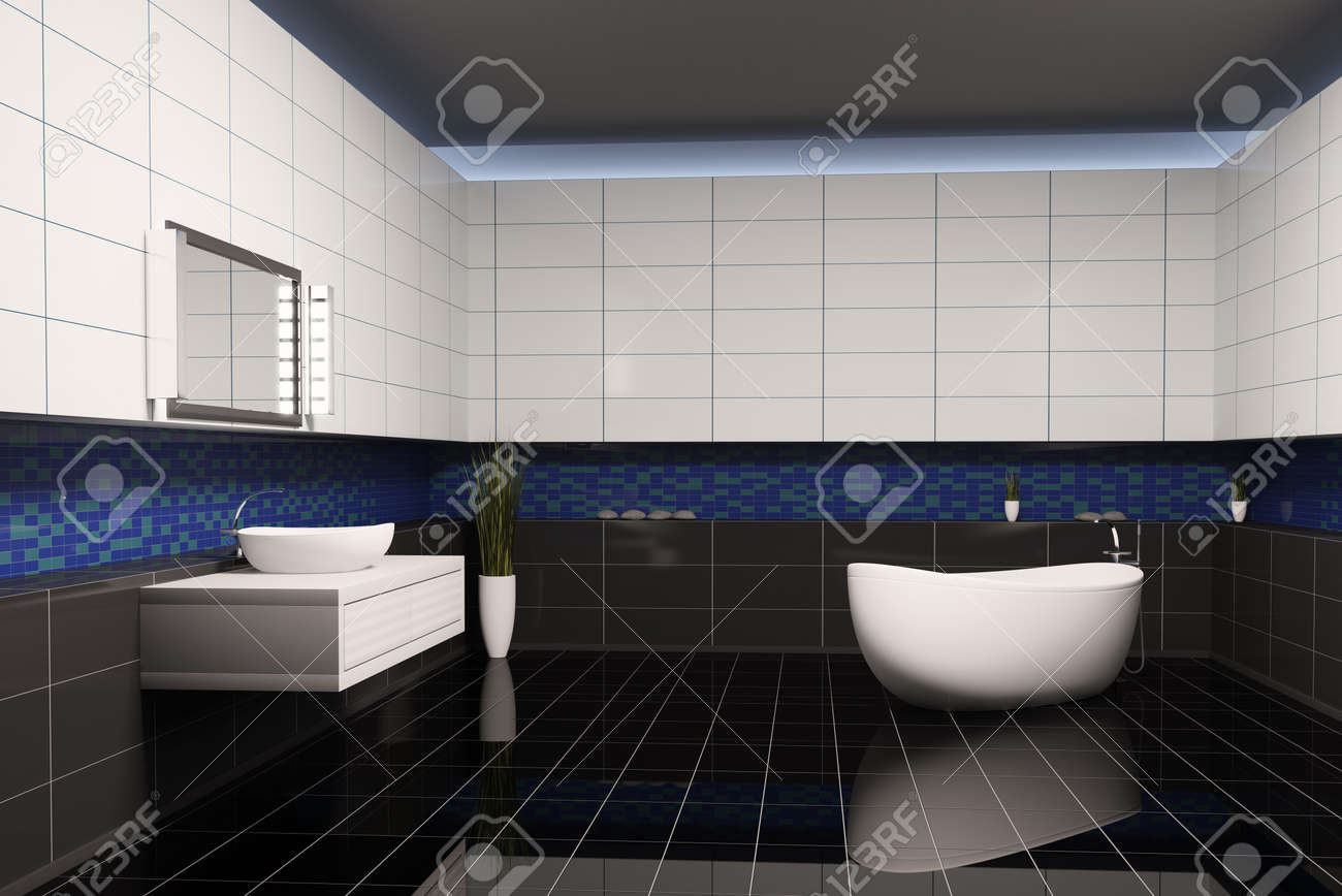 Salle de bains avec blanc bleu noir des murs intérieurs 3d banque ...