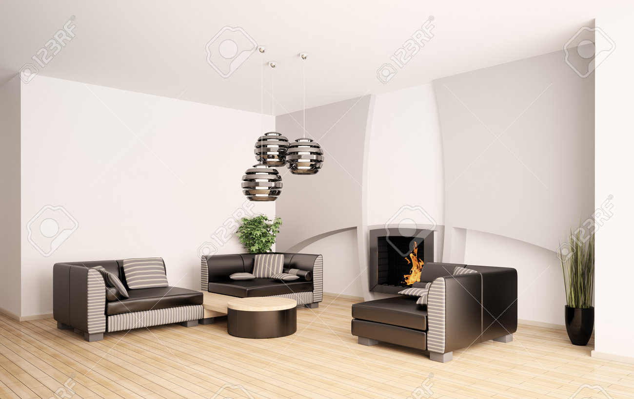 Moderne wohnzimmer innenraum mit kamin 3d render lizenzfreie bilder 7553613
