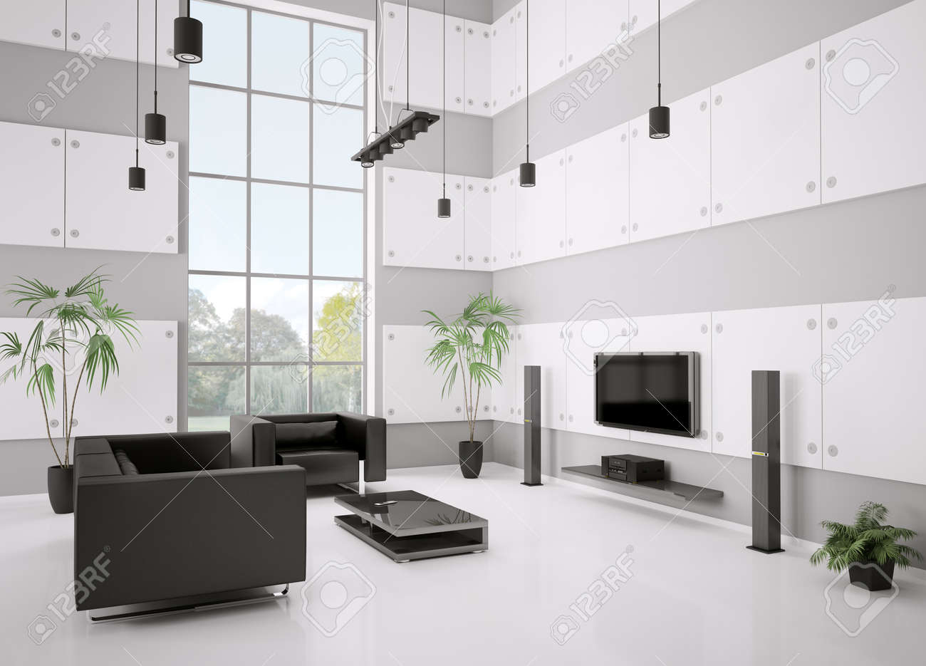 Woonkamer met zwarte bank, leunstoel en lcd interieur 3d render ...