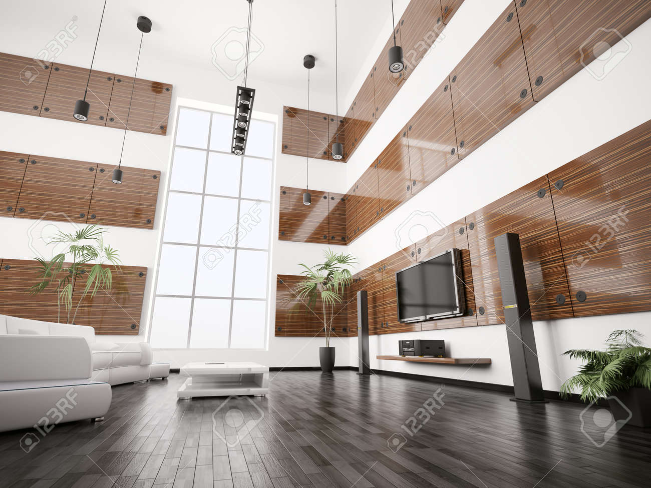 Woonkamer met ebben houten panelen interieur 3d renderen royalty ...