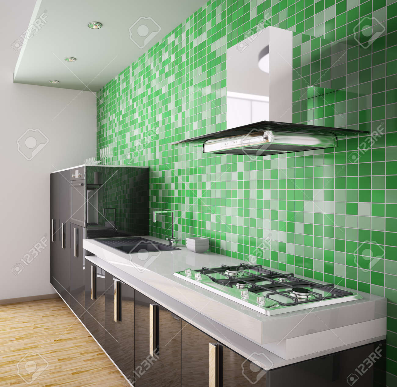 Modern cuisine noir par dessus le mur de la mosaïque vert ...