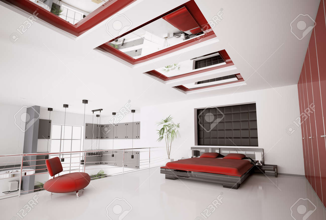 Intérieur de rendu 3d moderne de la chambre noire rouge blanc ...