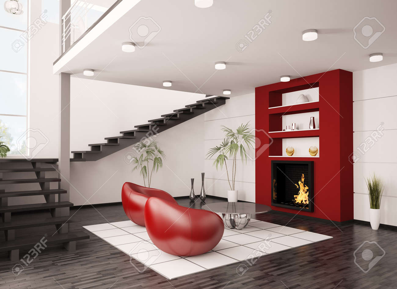 Moderne interieur van woonkamer met open haard en trap 3d render ...