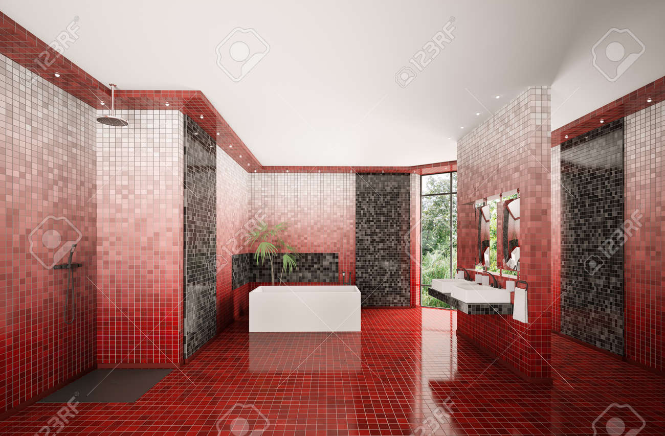 Salle de bain moderne avec mosaïque dégradé rouge murs intérieurs ...