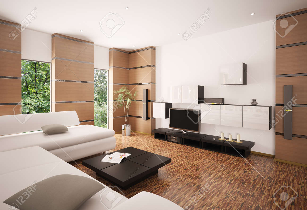 Moderne woonkamer met witte sofa zwart tafel en lcd interieur 3d ...
