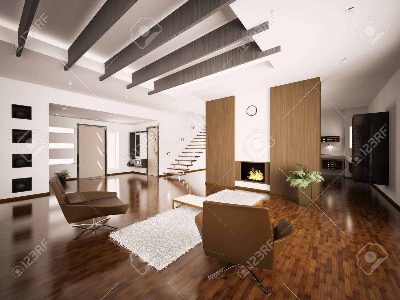 Modern appartement interieur met open haard en trap woonkamer hall ...