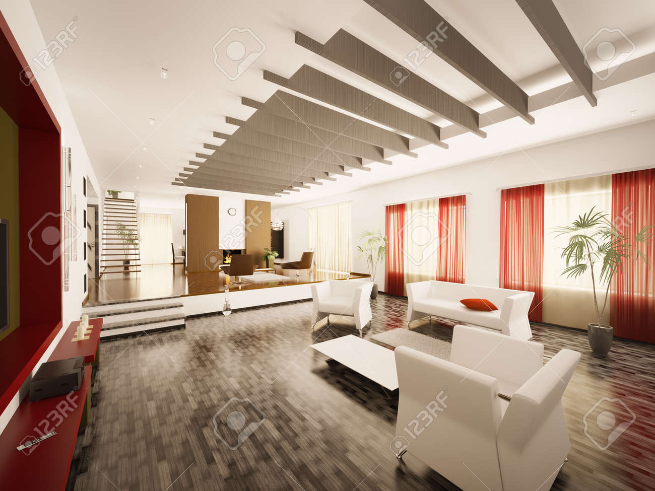 Interieur van moderne woonkamer met trap en open haard 3d render ...