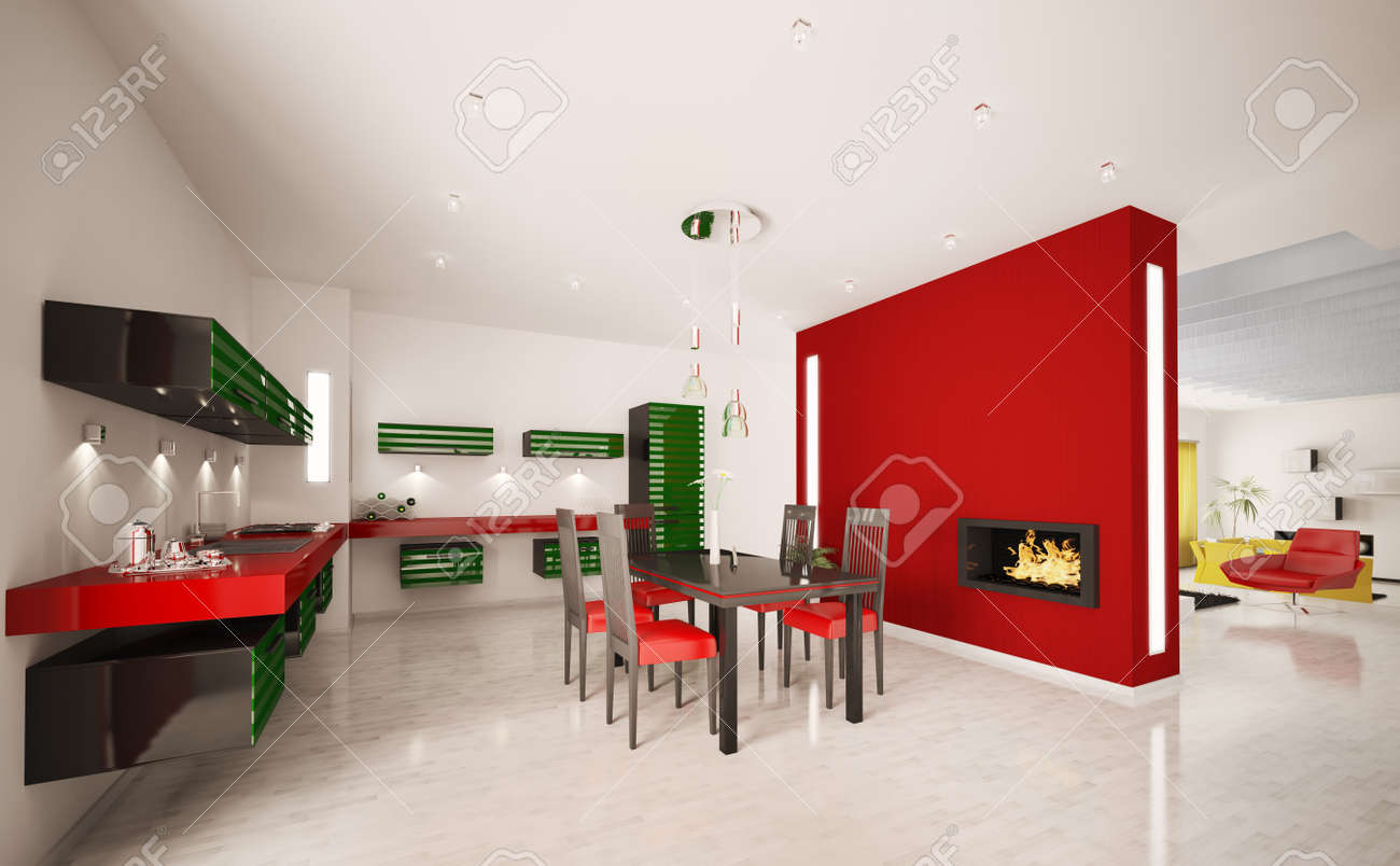 Interieur van moderne groen rood keuken met open haard 3d render ... Keuken zwart rood