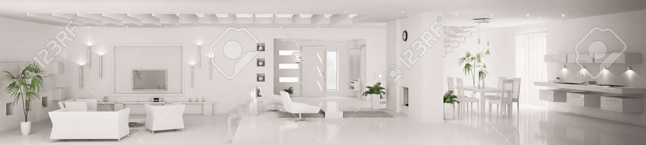 Witte interieur van moderne appartement woonkamer keuken hal ... Interieur white woonkamer