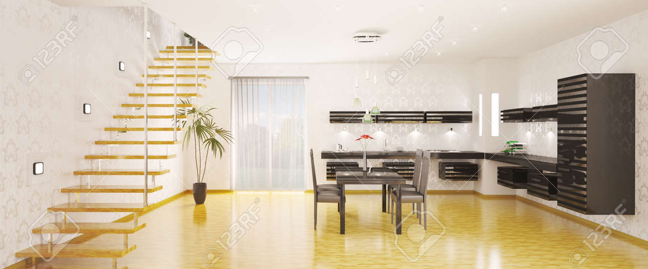 Interior de cocina moderna panorámica 3d render fotos, retratos ...